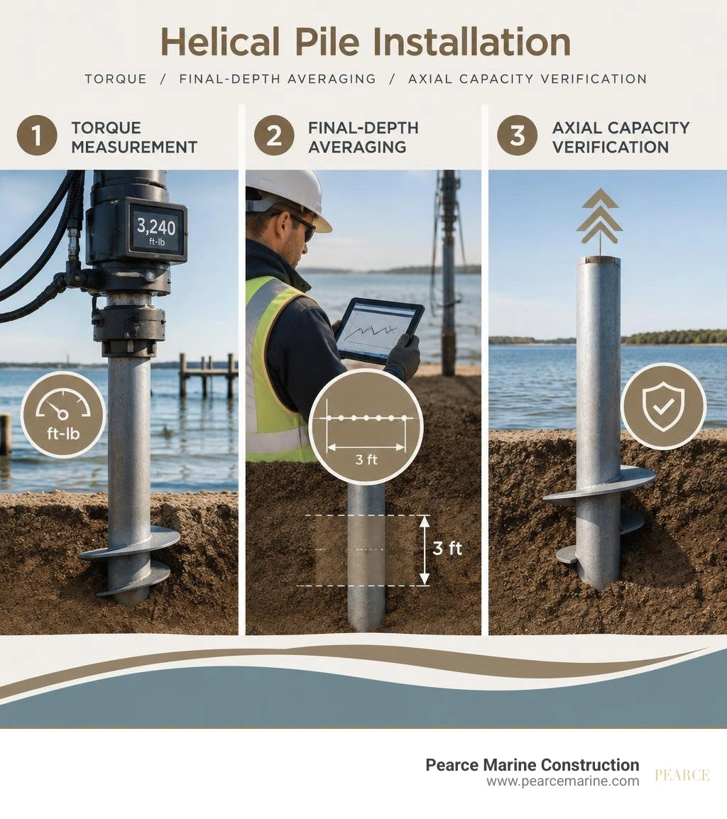 Infographic showing torque measurement, final-depth averaging, and axial capacity verification infographic