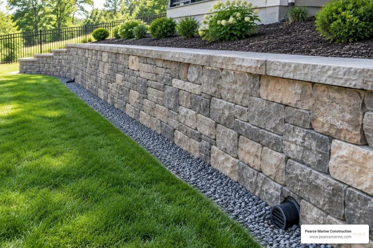 Finished structural retaining wall with stone facing and clean drainage