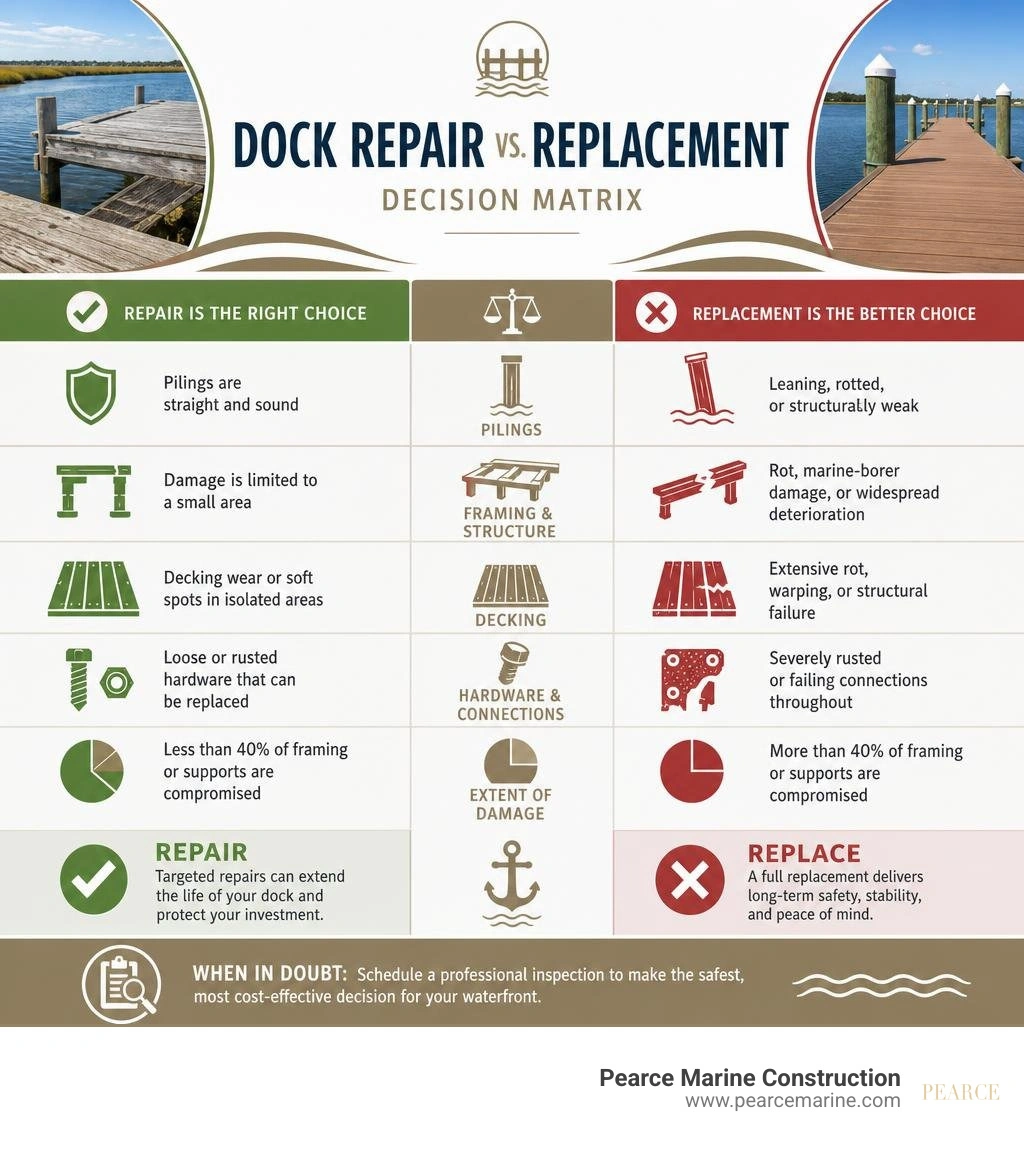 Dock repair versus replacement decision matrix infographic Dock repair versus replacement decision matrix infographic