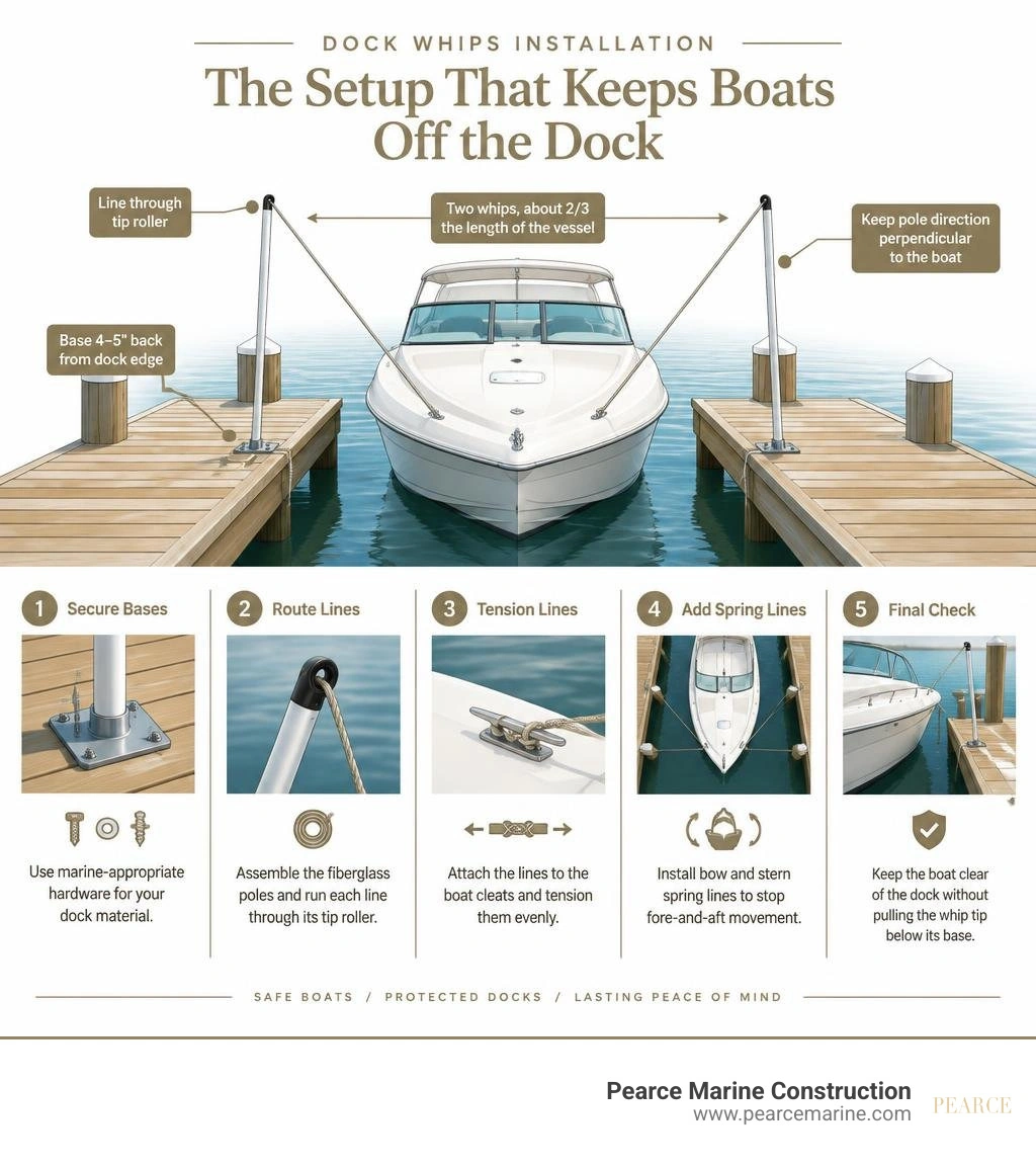 Dock whip base placement, line routing, tension, and spring-line setup infographic Dock whip base placement, line routing, tension, and spring-line setup infographic