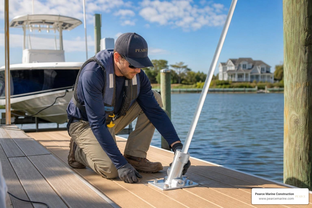 Marine contractor positioning an aluminum whip base on dock decking Marine contractor positioning an aluminum whip base on dock decking