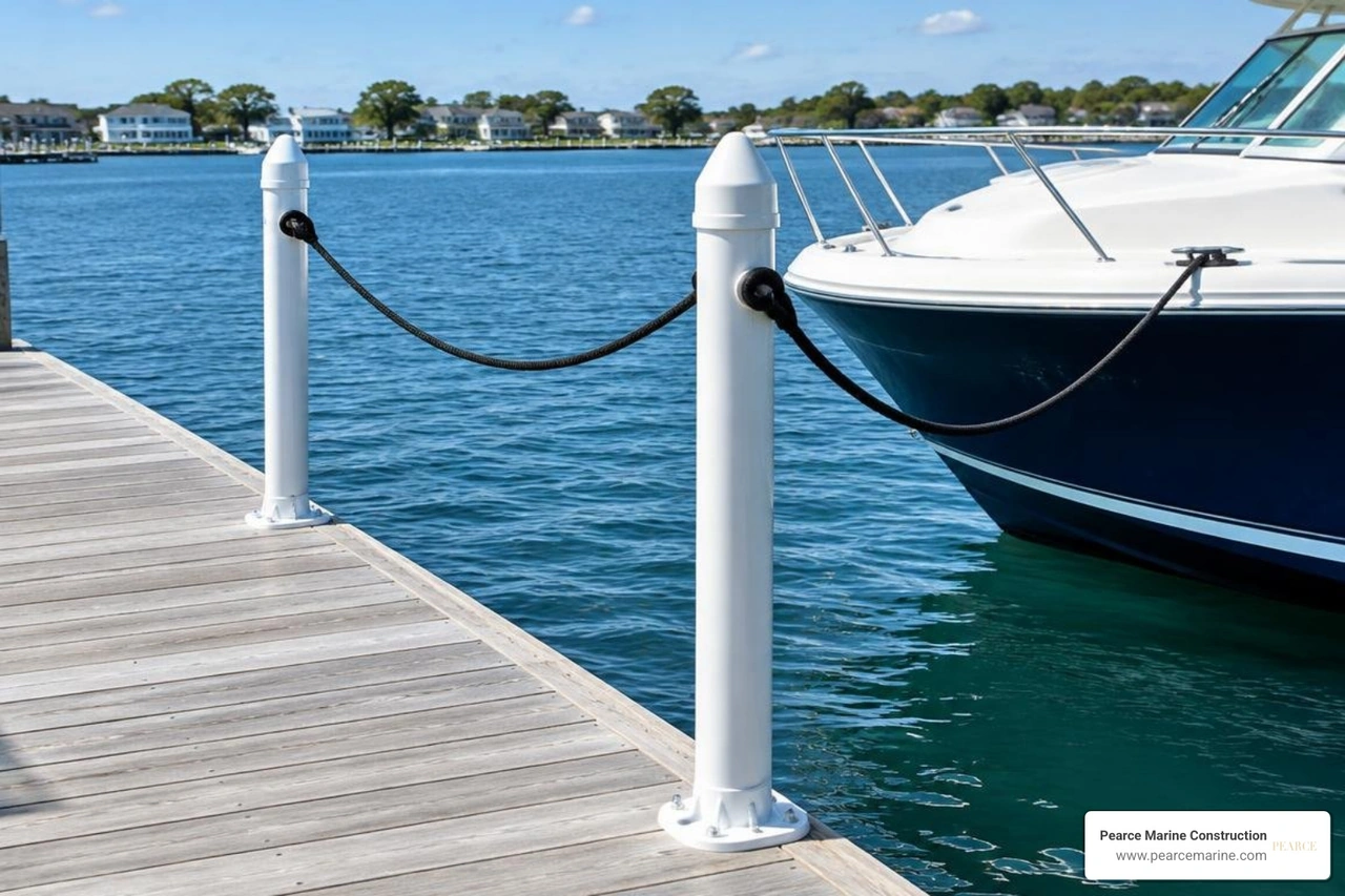 Mooring whips mounted along a waterfront residential dock Mooring whips mounted along a waterfront residential dock