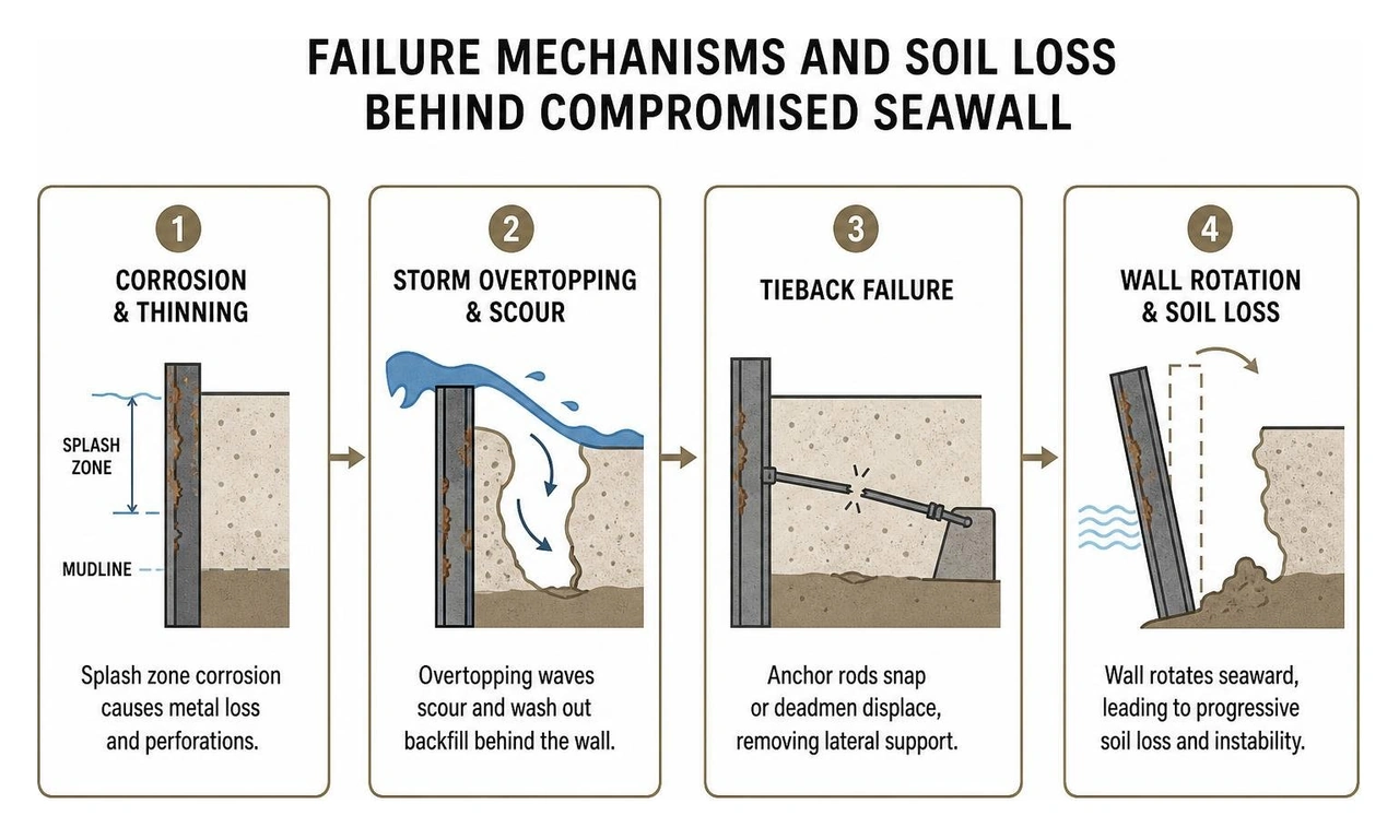 Failure mechanisms and soil loss behind compromised seawall