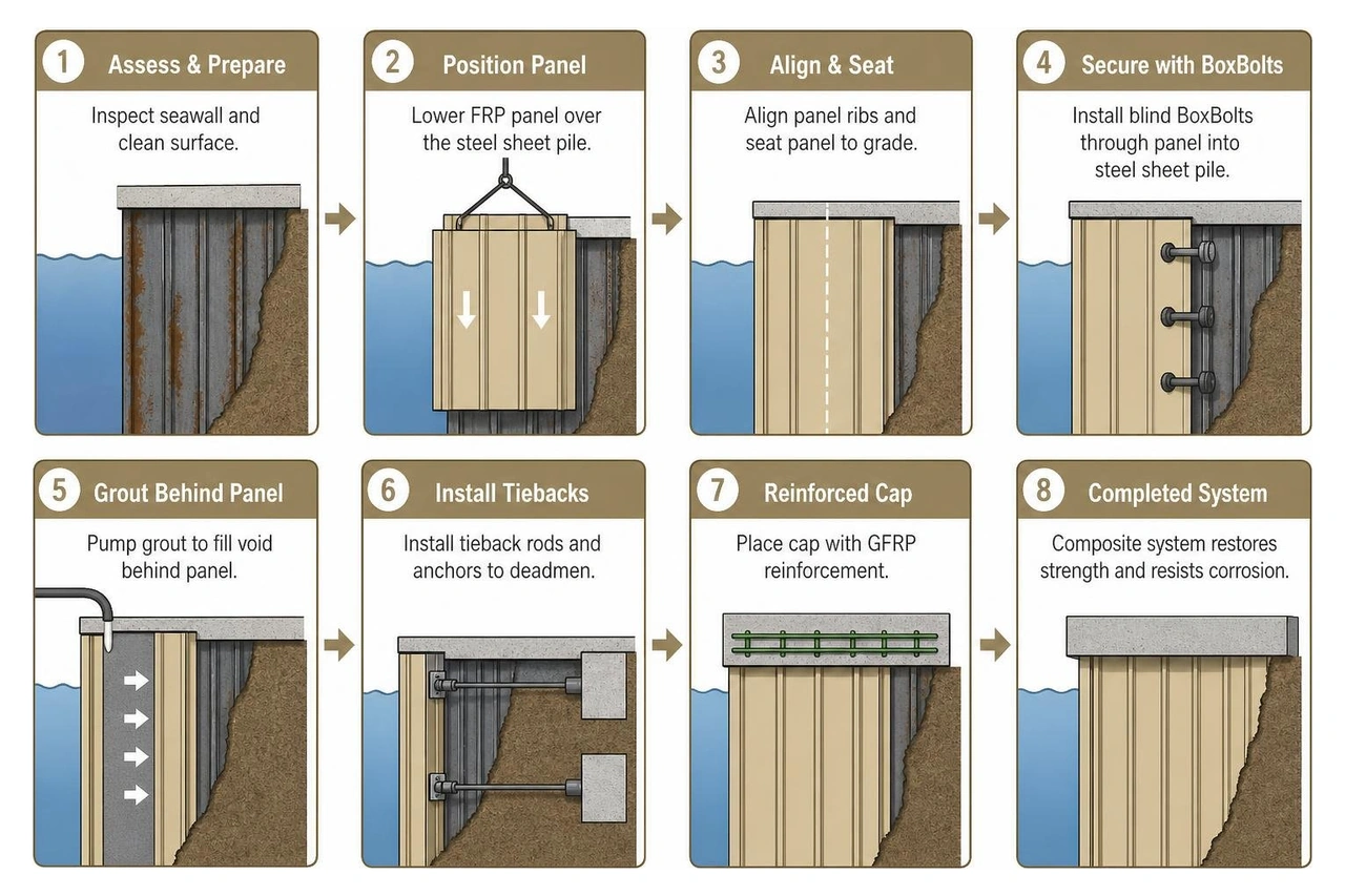 Step-by-step composite FRP panel installation and anchoring process