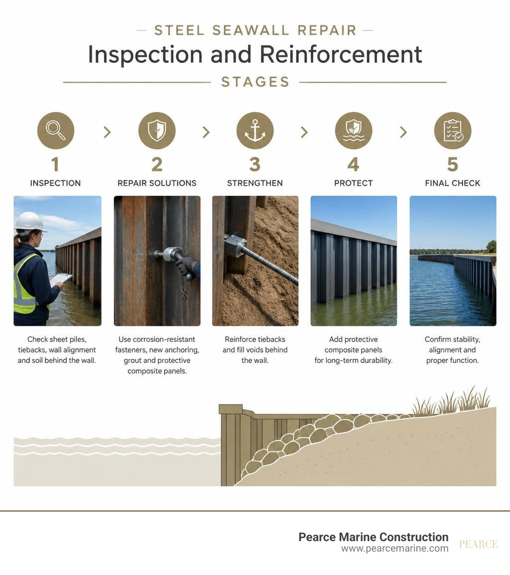 Steel seawall repair inspection and reinforcement stages infographic