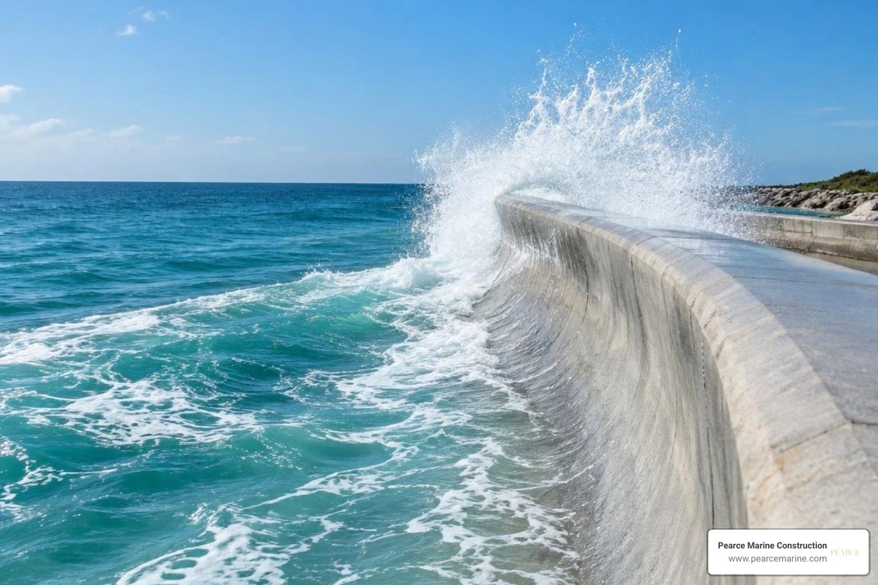 Recurved seawall face deflecting wave surge Recurved seawall face deflecting wave surge