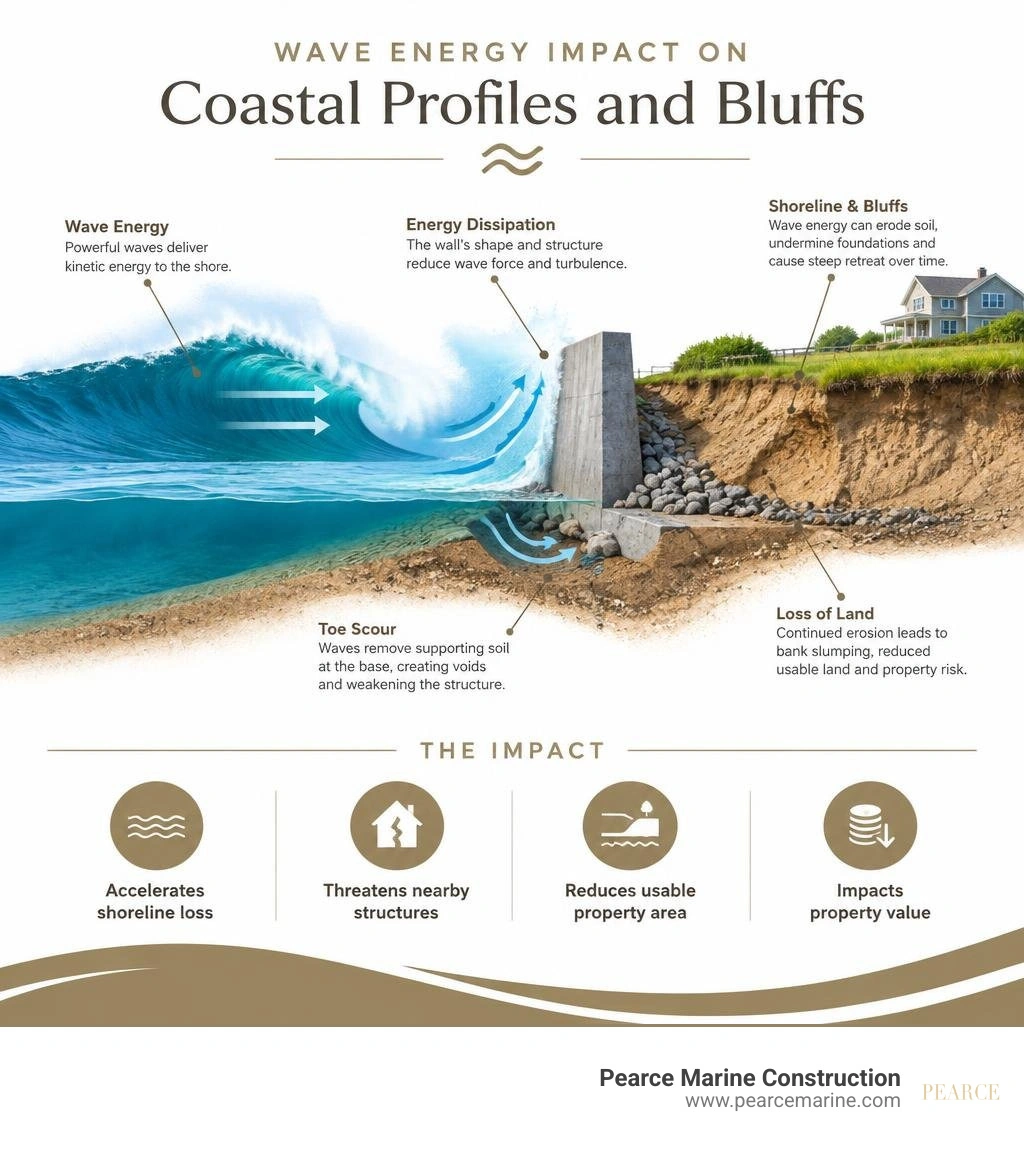 Wave energy impact on coastal profiles and bluffs infographic Wave energy impact on coastal profiles and bluffs infographic