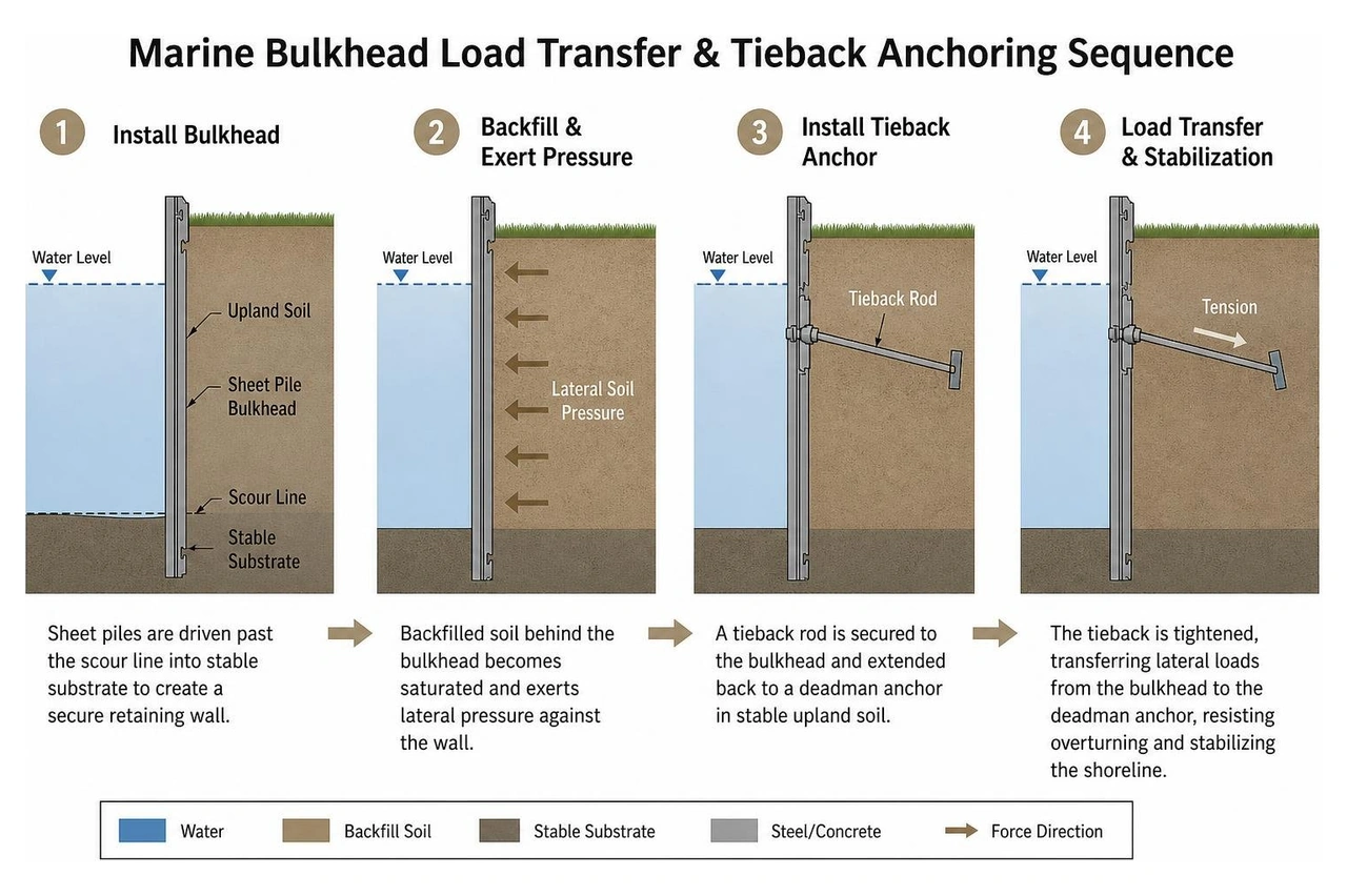 Diagram of marine bulkhead load transfer and tieback anchoring sequence