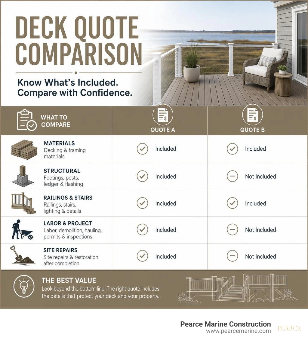 Deck quote comparison showing materials labor permits railings and site repairs infographic