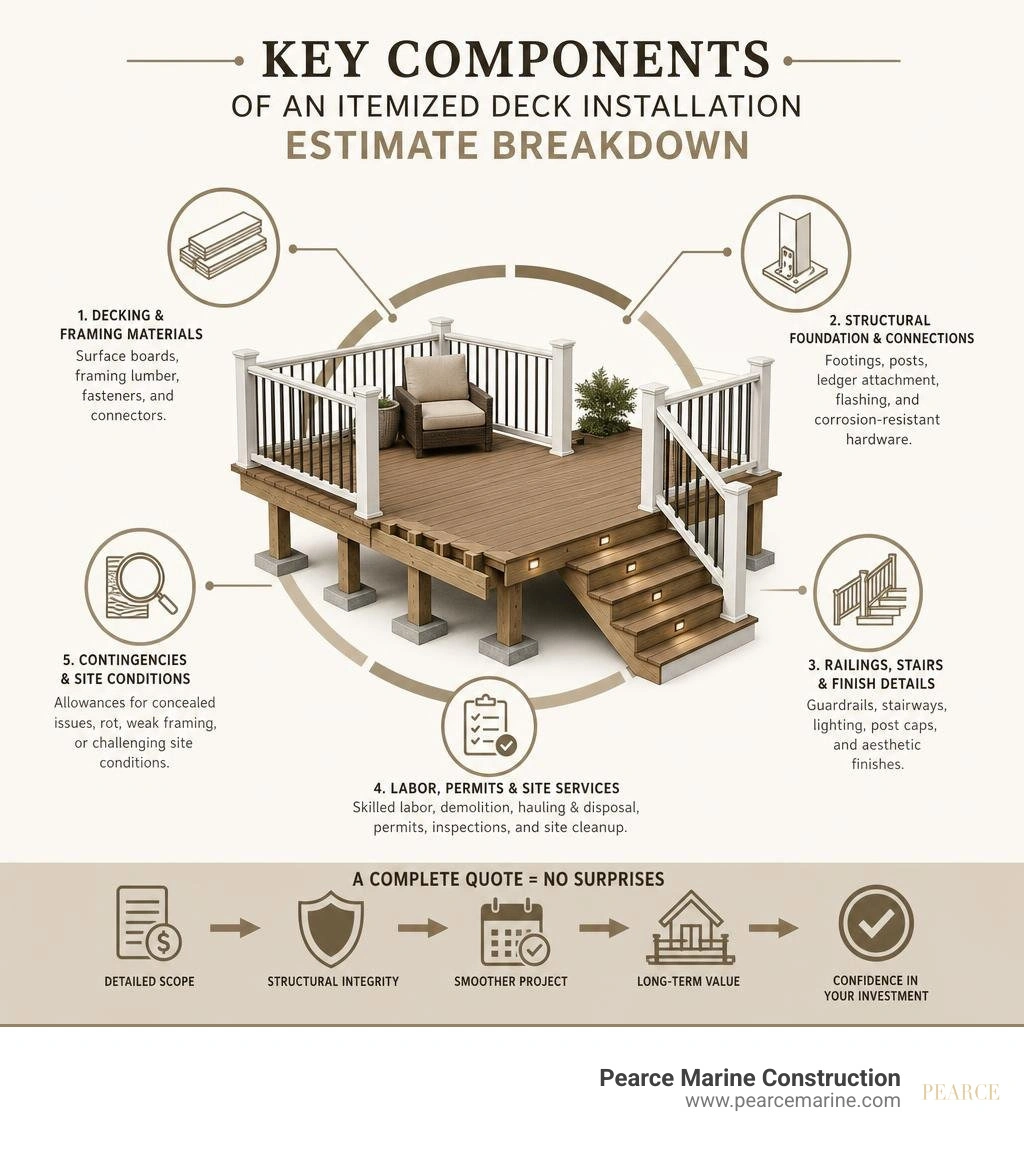 Key components of an itemized deck installation estimate breakdown infographic