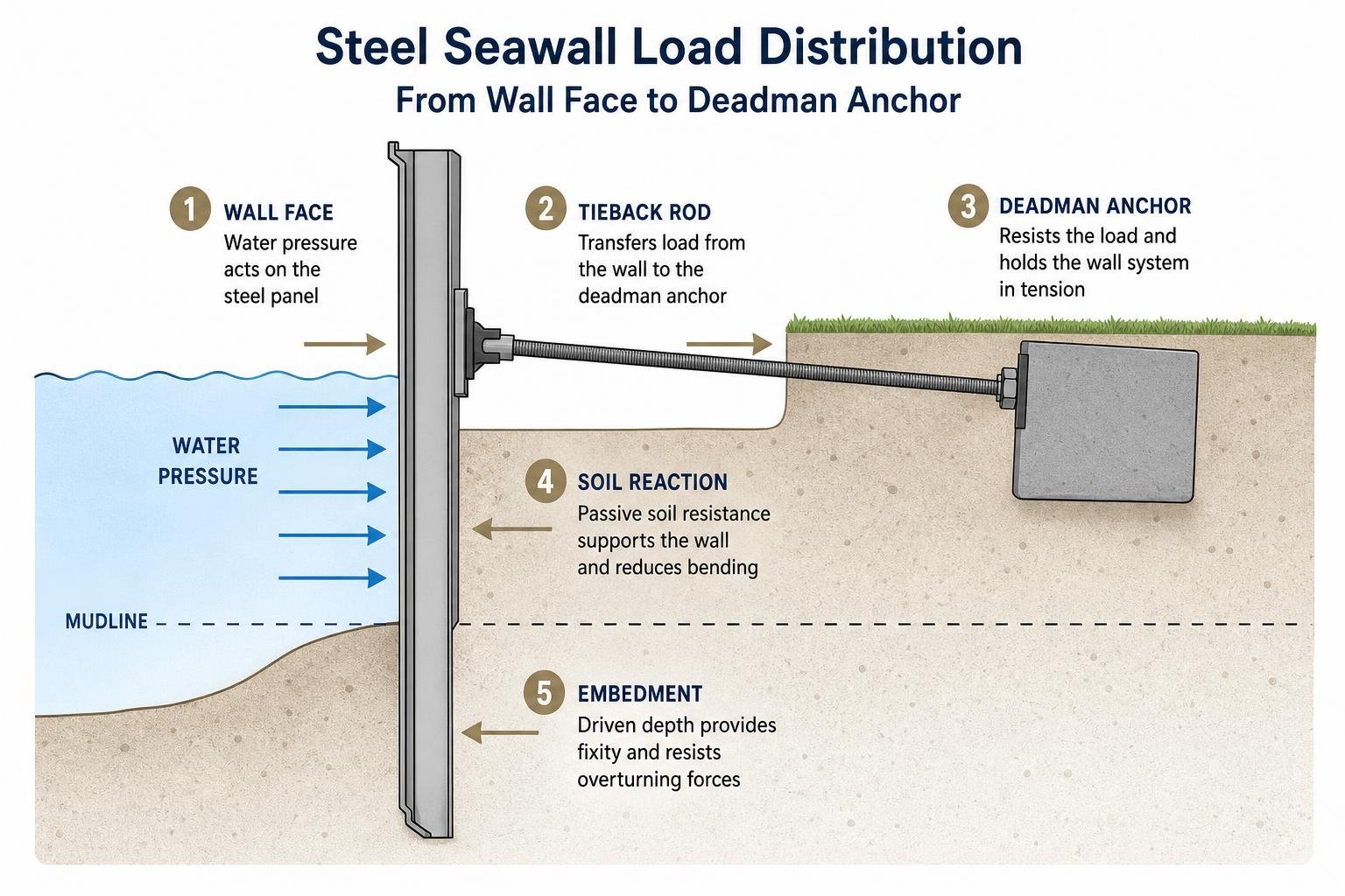 Steel seawall load distribution from wall face to deadman anchor Steel seawall load distribution from wall face to deadman anchor