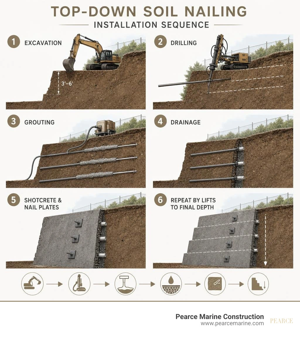 Top-down soil nailing installation sequence with excavation, drilling, grouting, drainage and shotcrete infographic