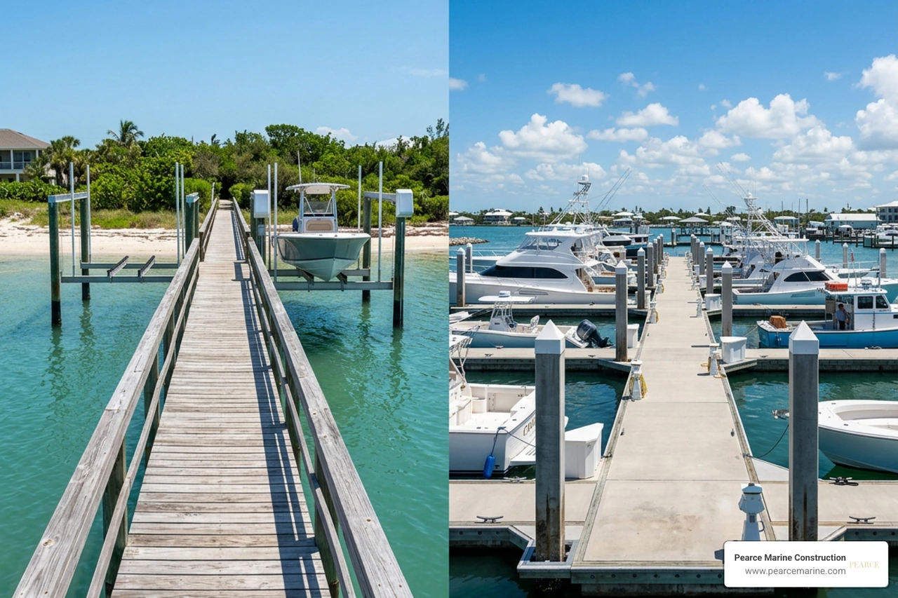 residential boat slip and heavy commercial marina dock configuration