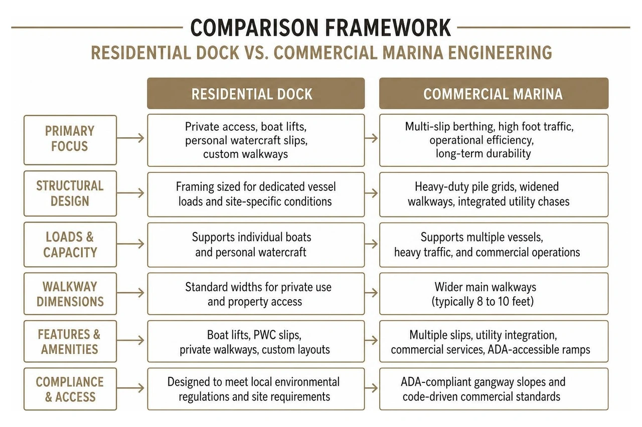 Comparison framework residential dock vs commercial marina engineering
