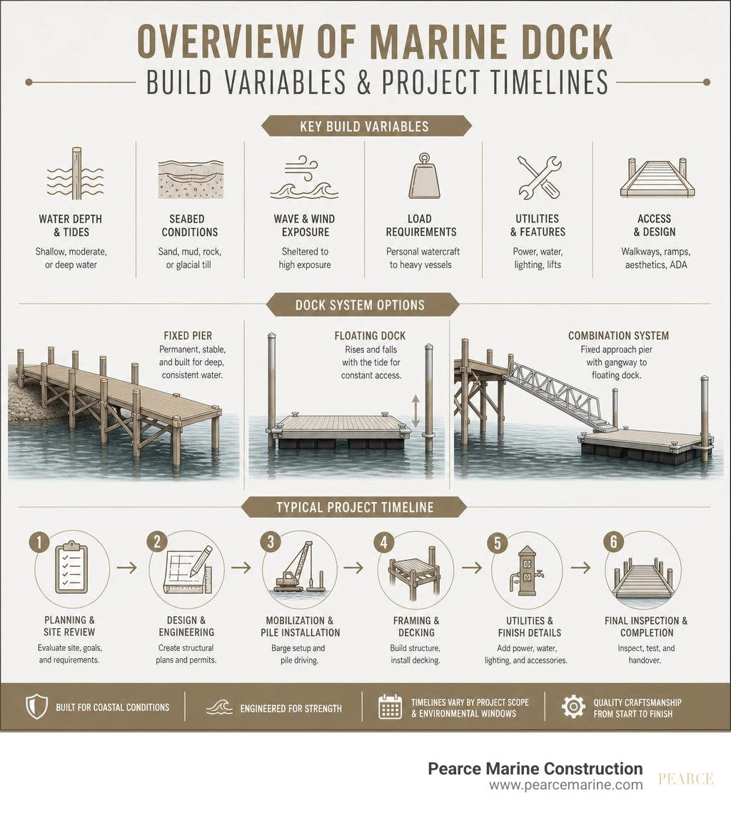Overview of marine dock build variables and project timelines infographic
