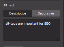 A settings page displaying alt text options. The "descriptive" option enables users to enter a description of the image. The "decorative" option showcases the image as having decorative purposes only.