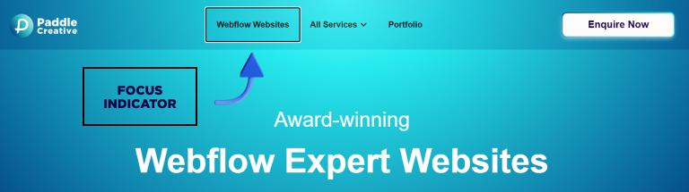 This image is a screenshot of Paddle Creative's home page. There is a focus indicator (black box) around the title "Webflow Websites" and a small text box below with the text "FOCUS INDICATOR" and an arrow pointing to the focus indicator around "Webflow Websites".