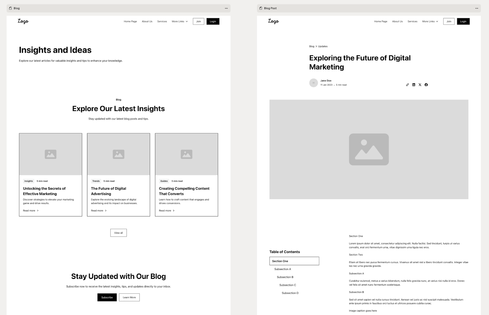 wireframe of a blog in webflow