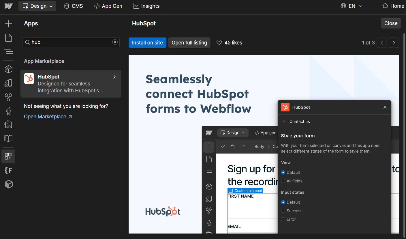 webflow hubspot app screenshot