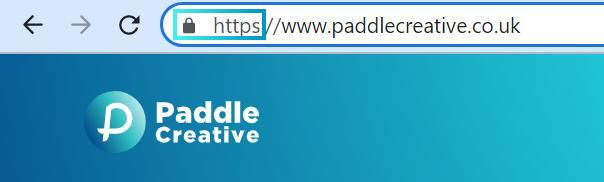 When HTTPS or the lock icon are present in the URL of a website it means that the website is secured with an SSL certificate. Image shows a blue box surrounding the "lock" and "https" part of Paddle Creative's URL.