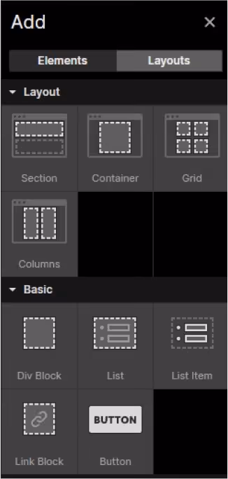 webflow elements design panal for web design