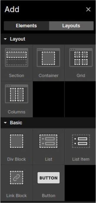 webflow elements design panal for web design