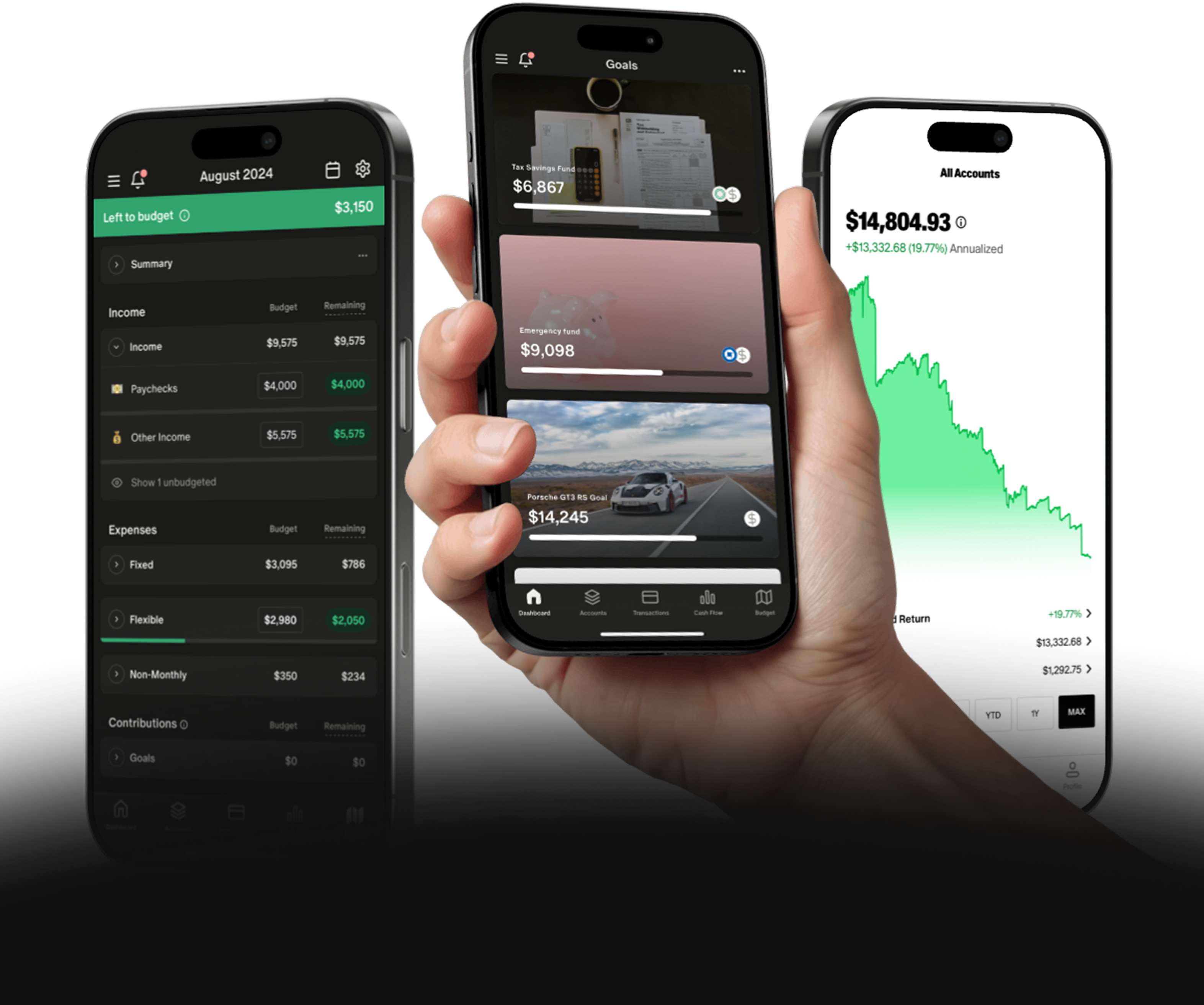 Three smartphones displaying a budgeting and finance app showing income, expenses, savings goals, and account growth charts.