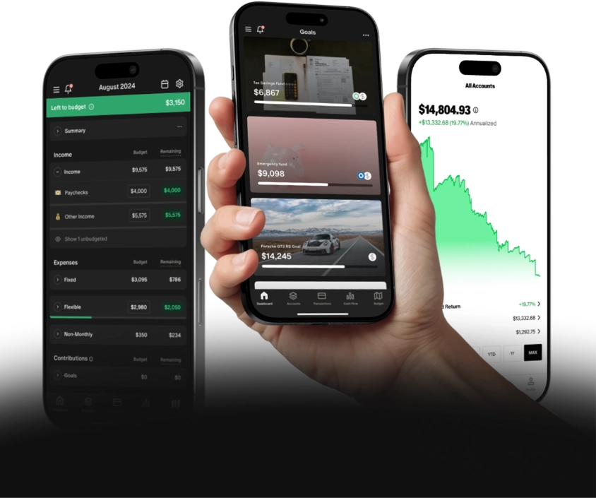 Financial planning app dashboard for content creators showing budget tracking, tax savings, and investment portfolio management.