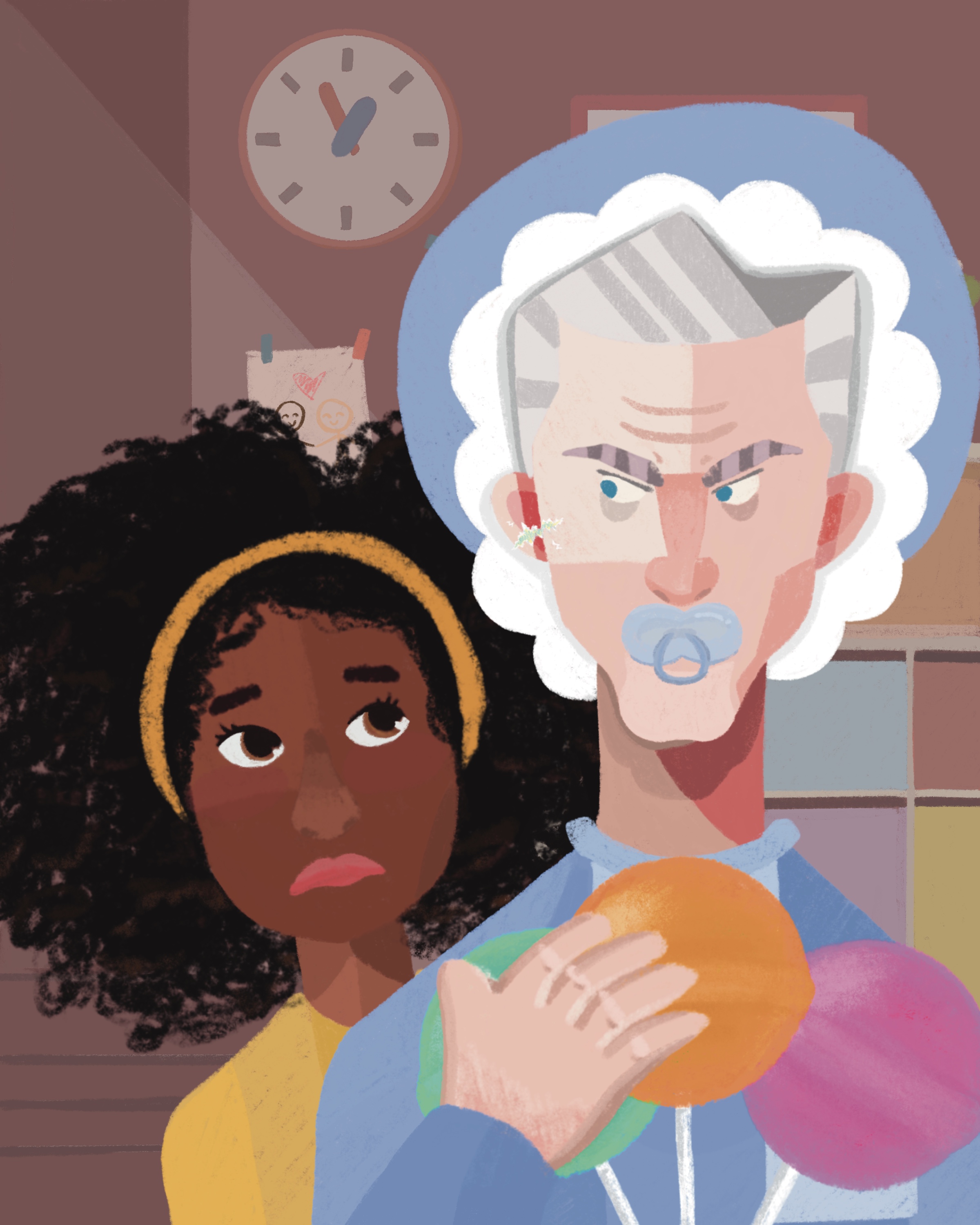 An illustration of a man dressed as a baby showing displeasure at the little girl behind him.