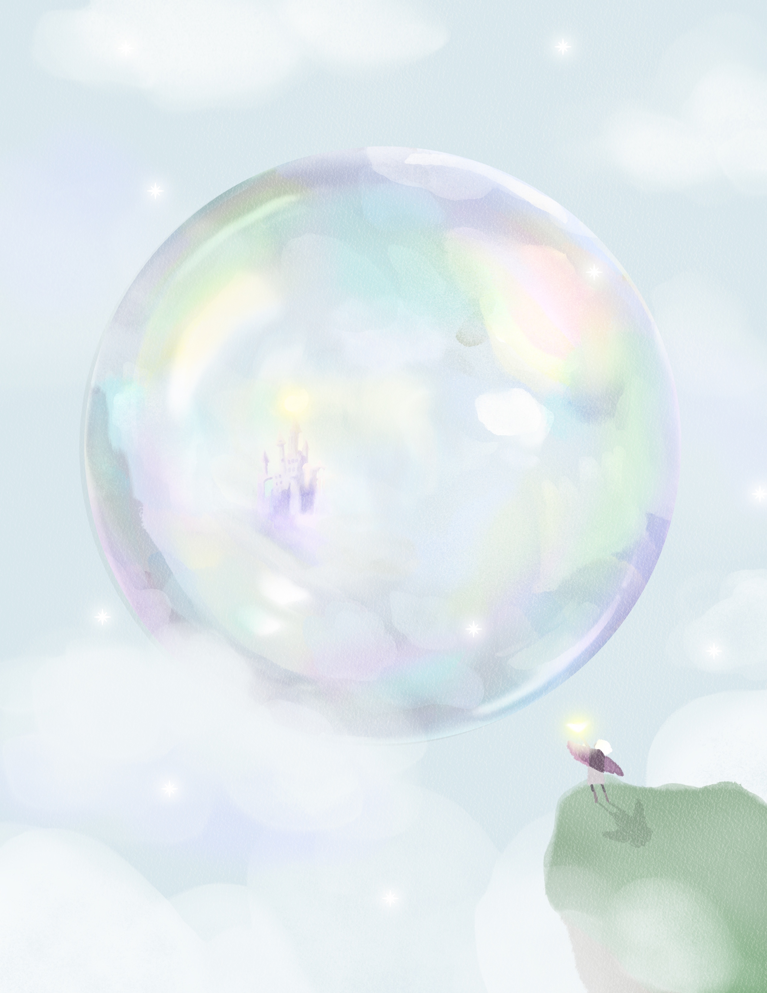 A dreamy illustration of a castle in a bubble and a small character staring into the distance.