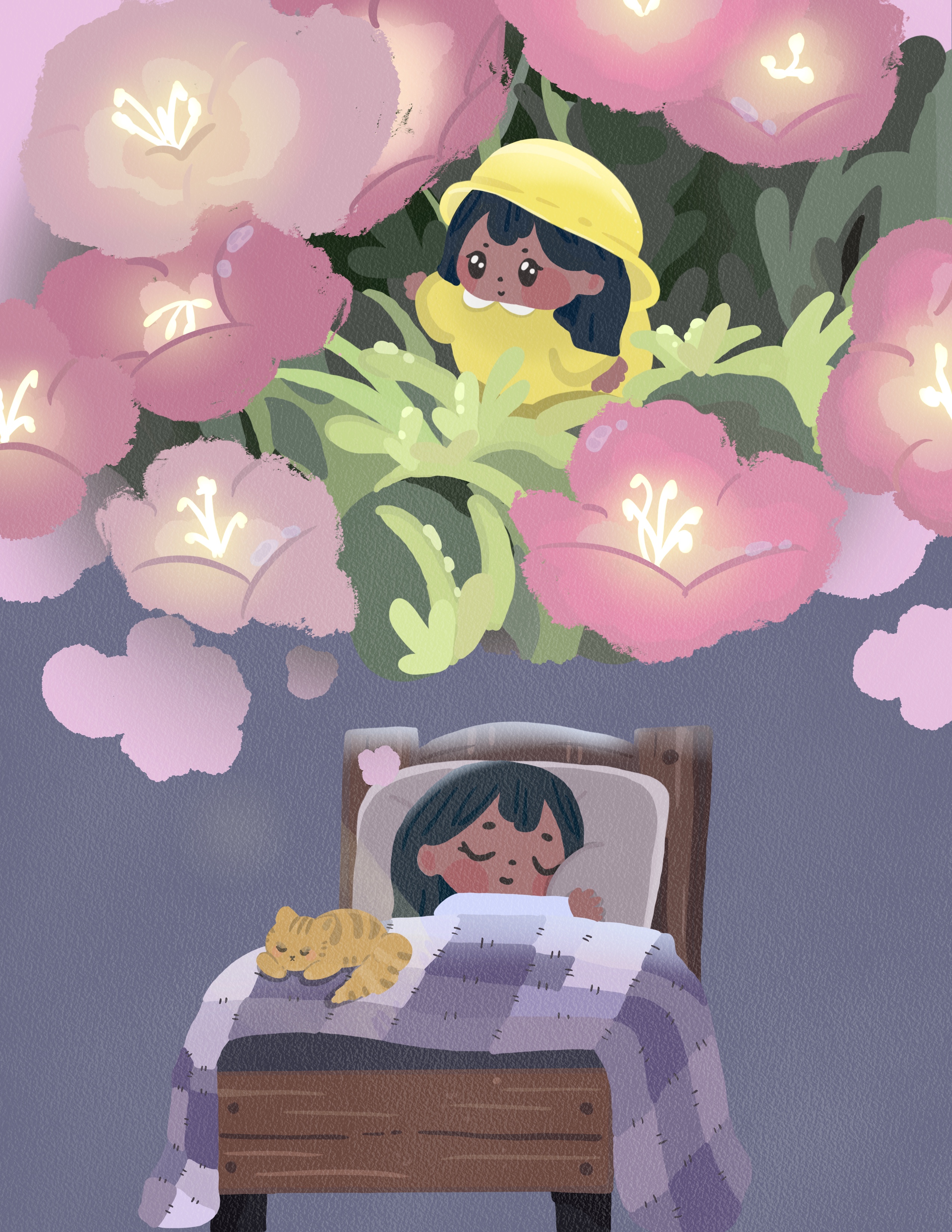 An illustration of a girl dreaming in her bed with a cat where the dream cloud shows her exploring in a large field of flowers.