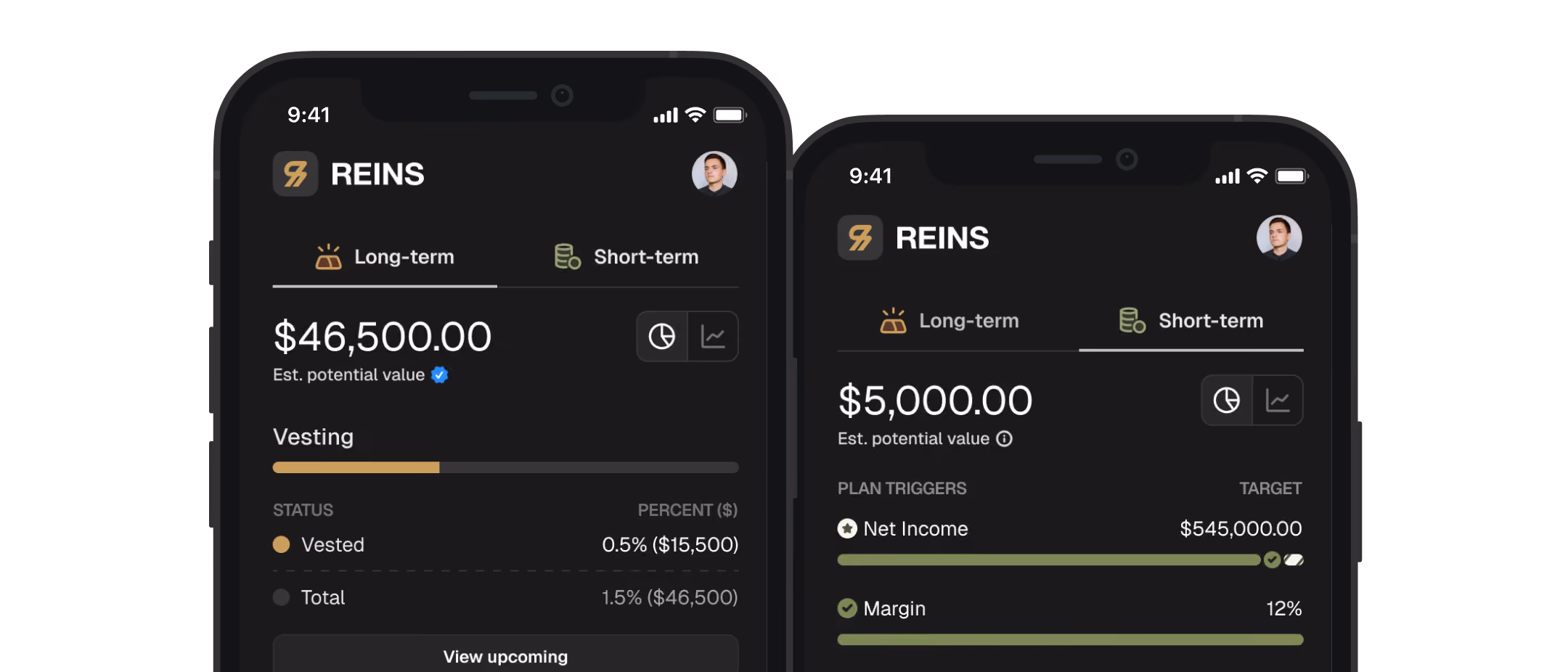 The Reins app on two phones, one showing a stock award and one a profit award, each with what has vested and what it is worth.