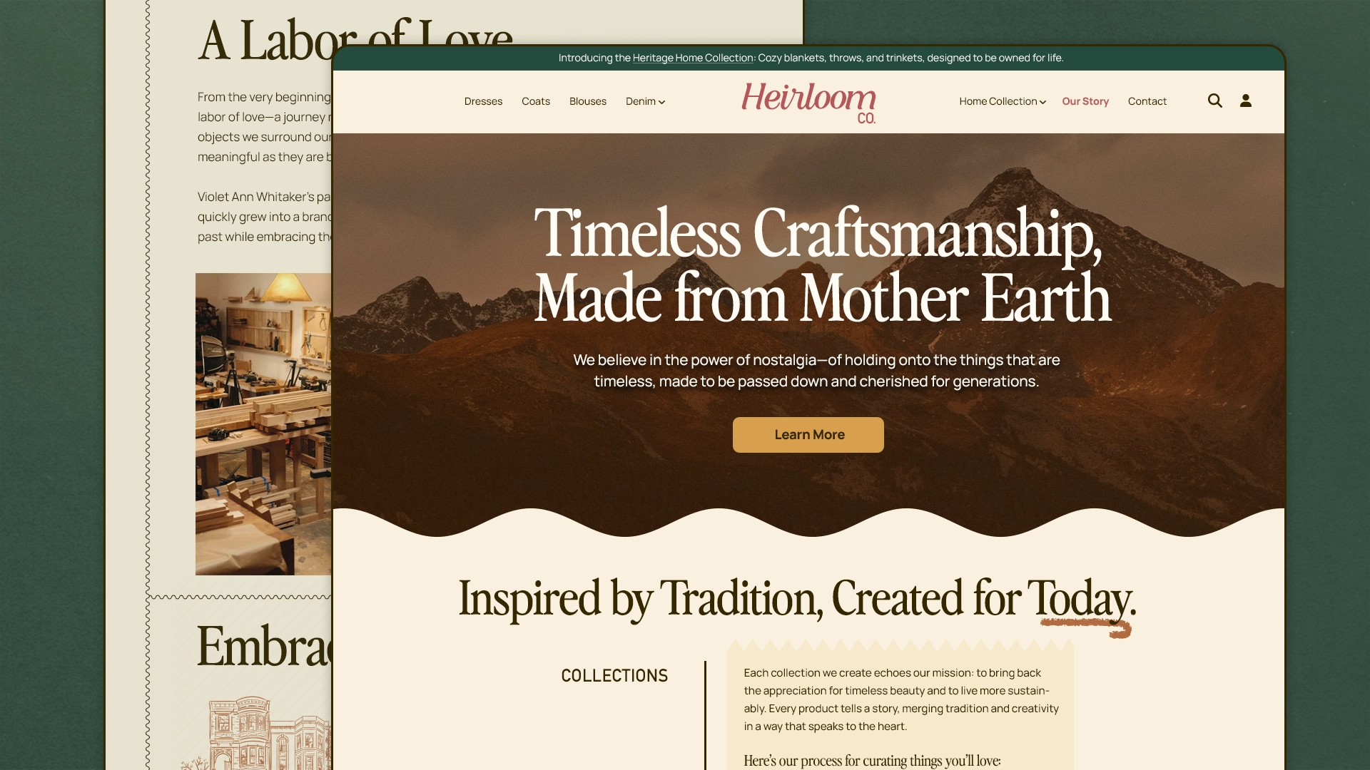 Heirloom Co. Shopify website design showing product listing layout