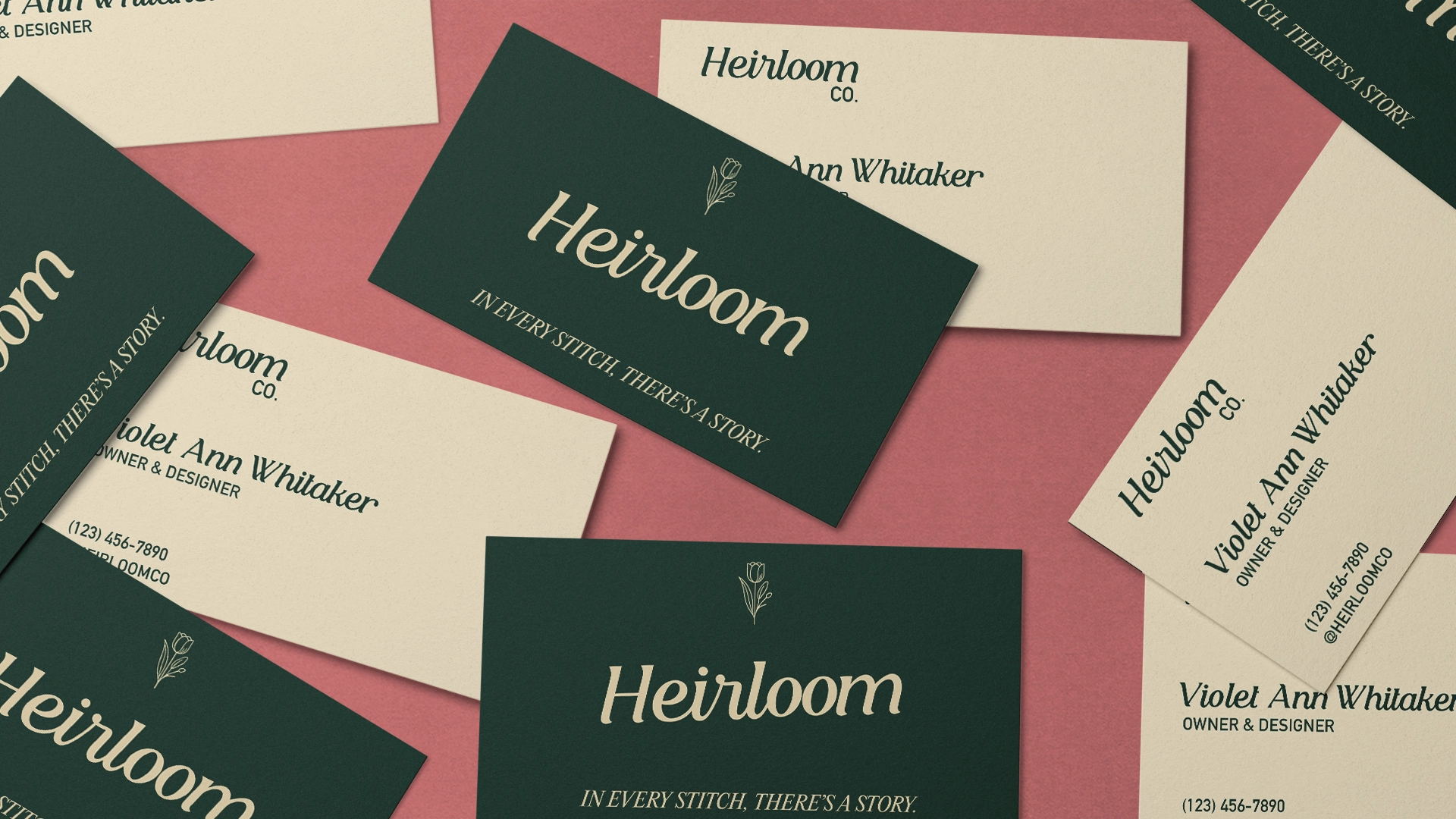 Heirloom Co. packaging design with botanical illustrations and vintage postcard detail