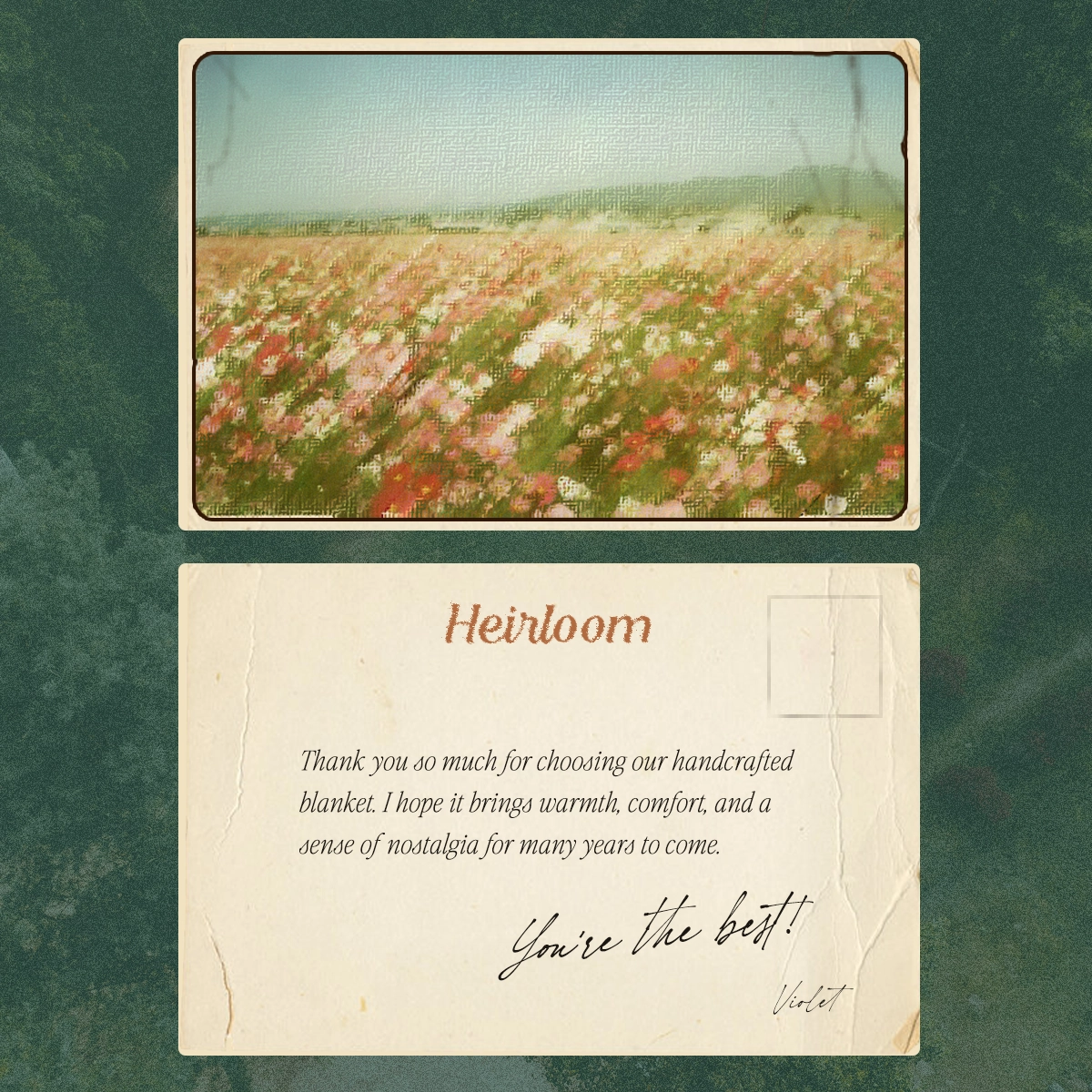 Heirloom Co. branded packaging with textured cottagecore visual identity