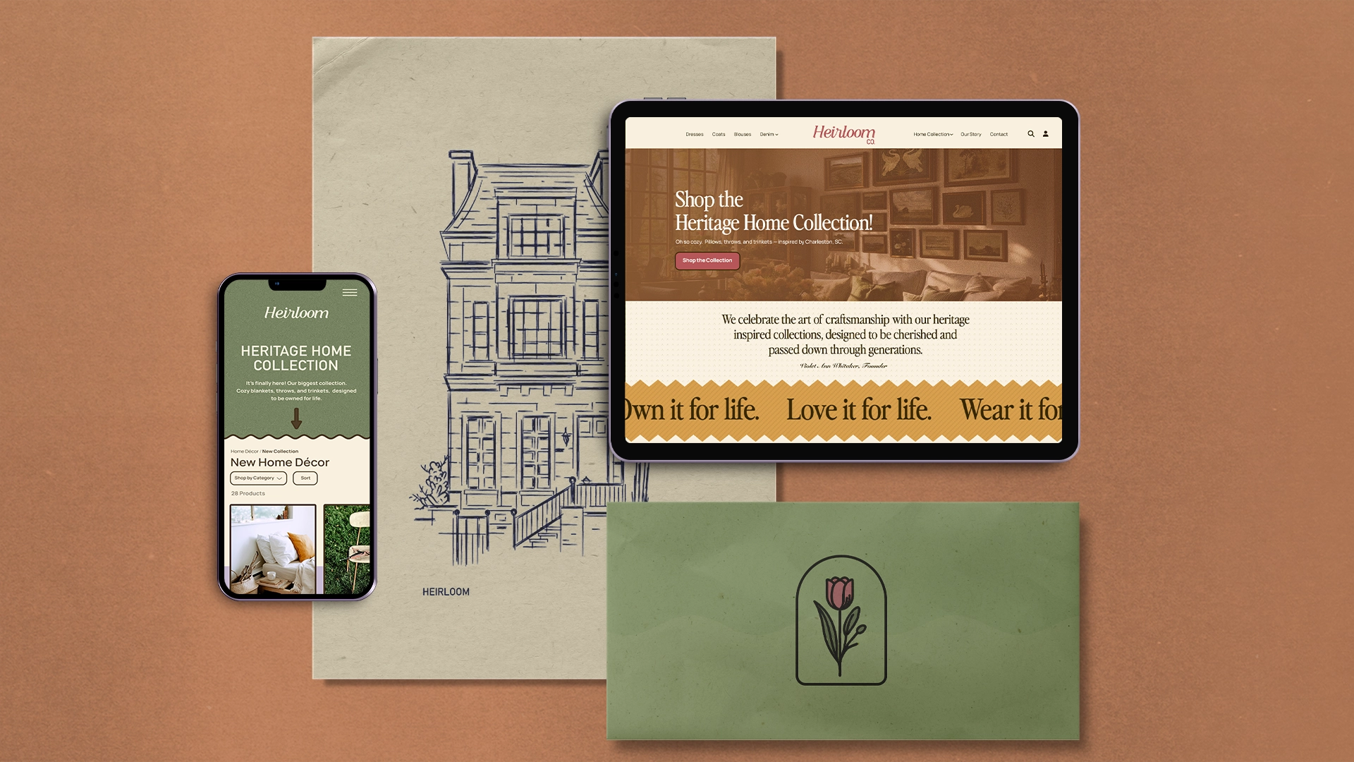 Heirloom Co. Heritage Home Collection product packaging with earthy color palette