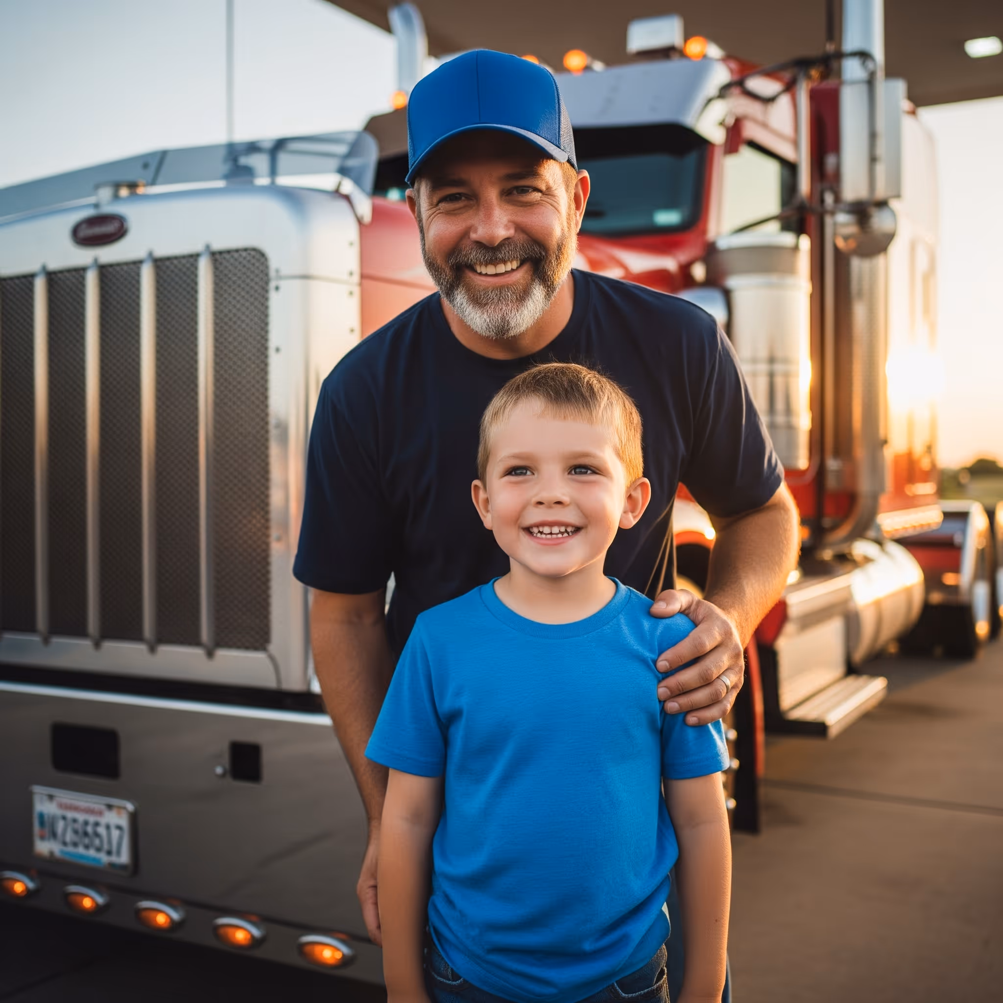 father and son standing in front of their truck smiling