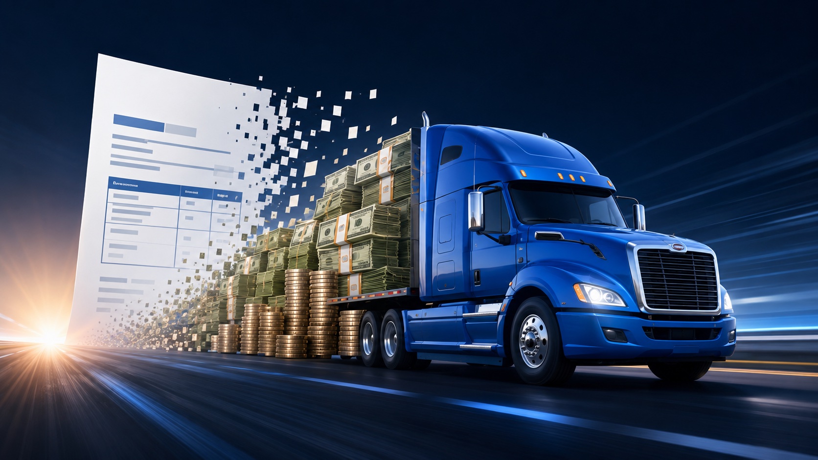 Semi-truck hauling stacks of cash as a freight invoice dissolves into money, illustrating what freight factoring is