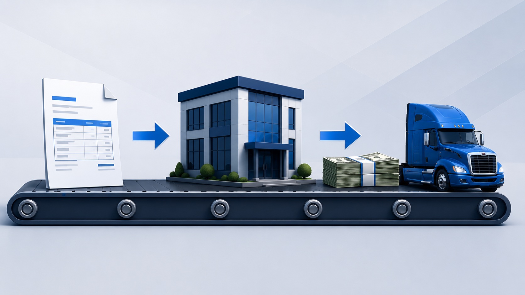 Conveyor belt showing an invoice moving to a factoring company and cash arriving at a semi-truck, illustrating how freight factoring works
