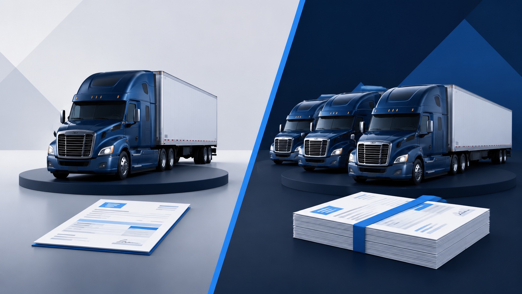 Single truck with one invoice beside a convoy with a stack of invoices, representing comparing factoring companies