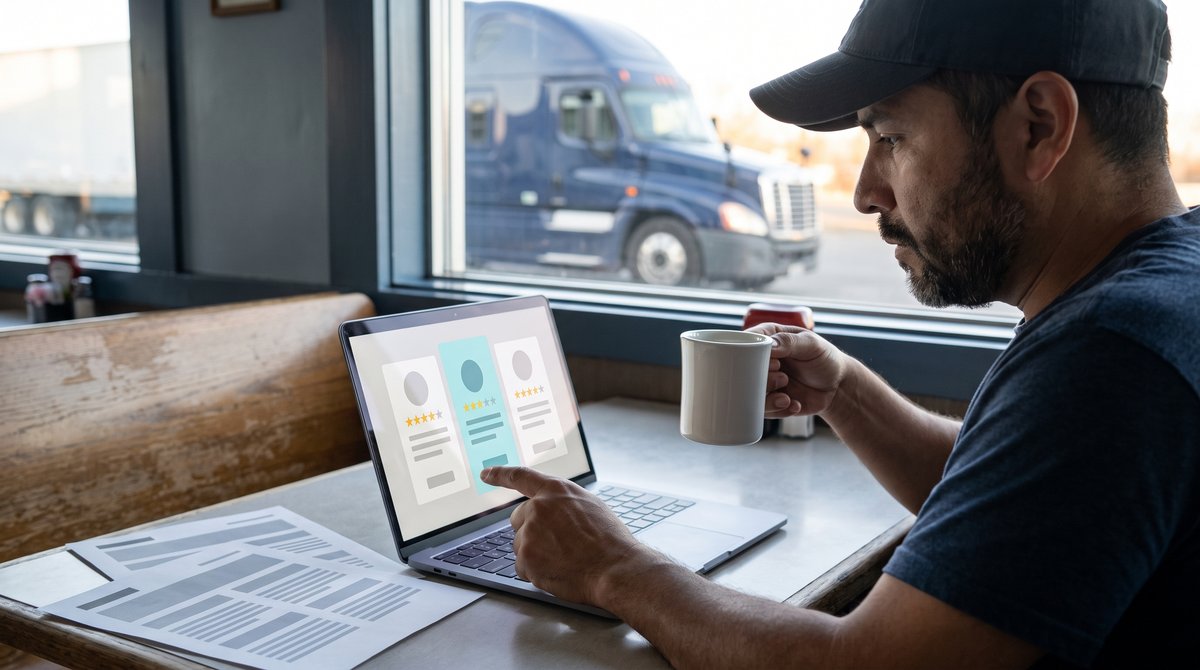 Owner-operator comparing freight factoring companies side by side on a laptop at a truck stop diner, his semi-truck parked outside