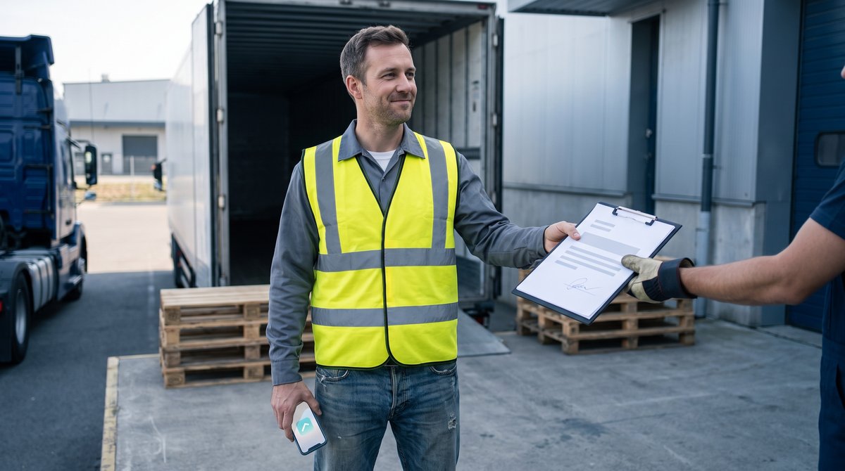 Truck driver handing a signed delivery document to a dock worker at a warehouse loading dock, a payment notification lit on his phone