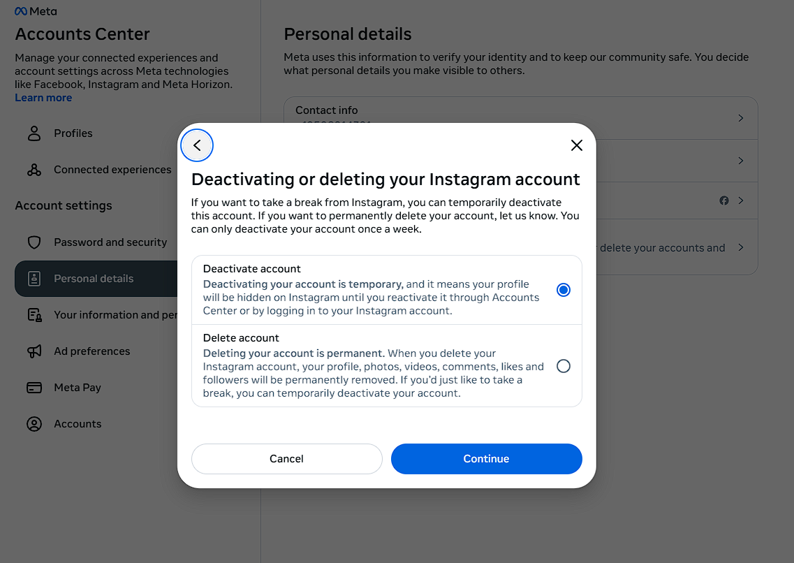 Deactivate or Delete Instagram via Computer