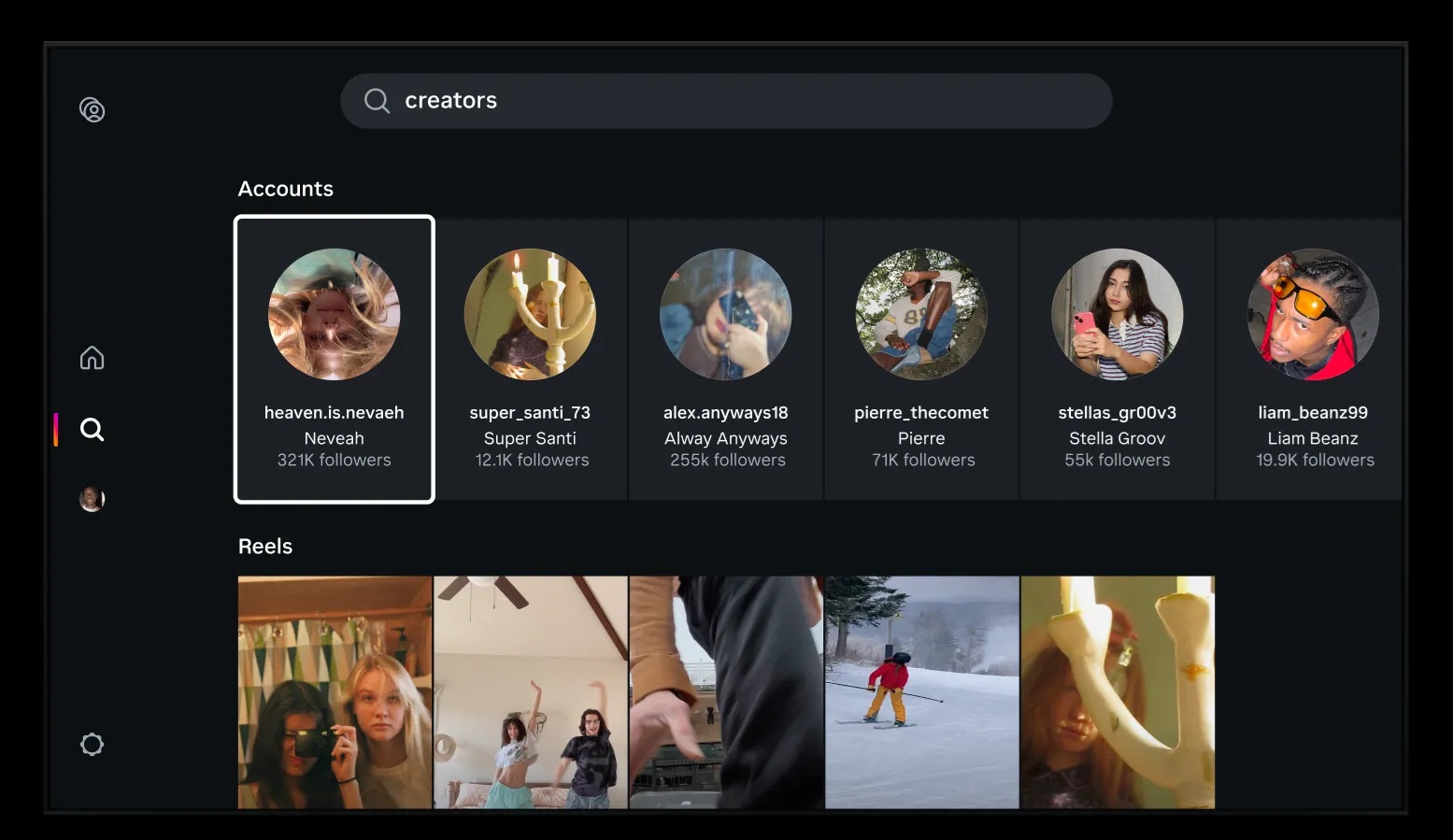 Instagram for TV dashboard showing creator discovery search feature