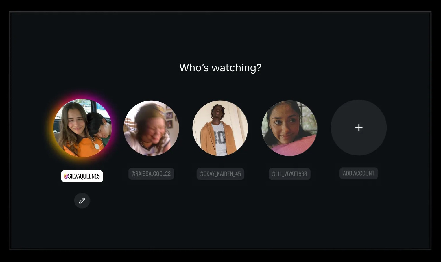 Instagram for TV dashboard showing multiple account selection capabilities