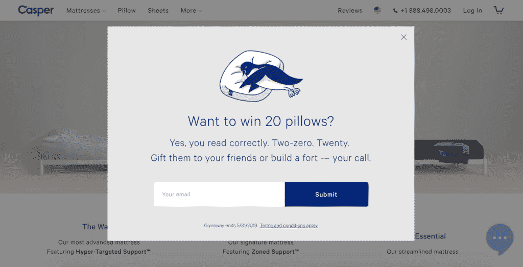 Pop-up offering a contest entry
