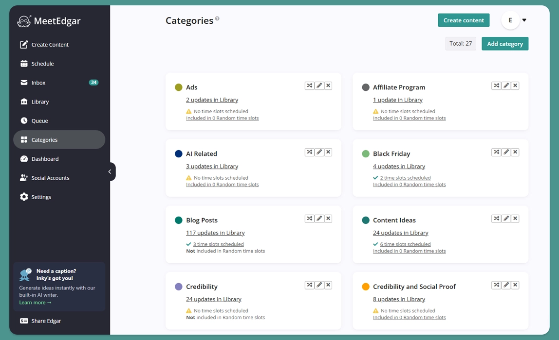MeetEdgar app platform showing library categories