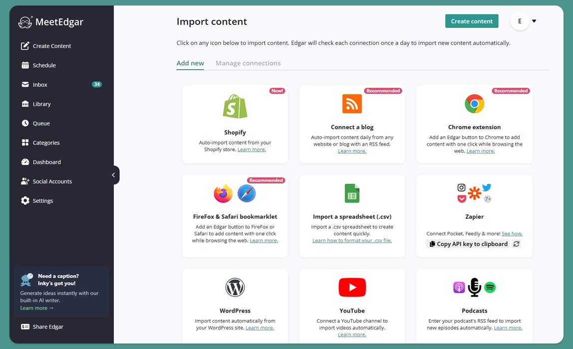 MeetEdgar app platform showing importing content options to bulk import social media posts