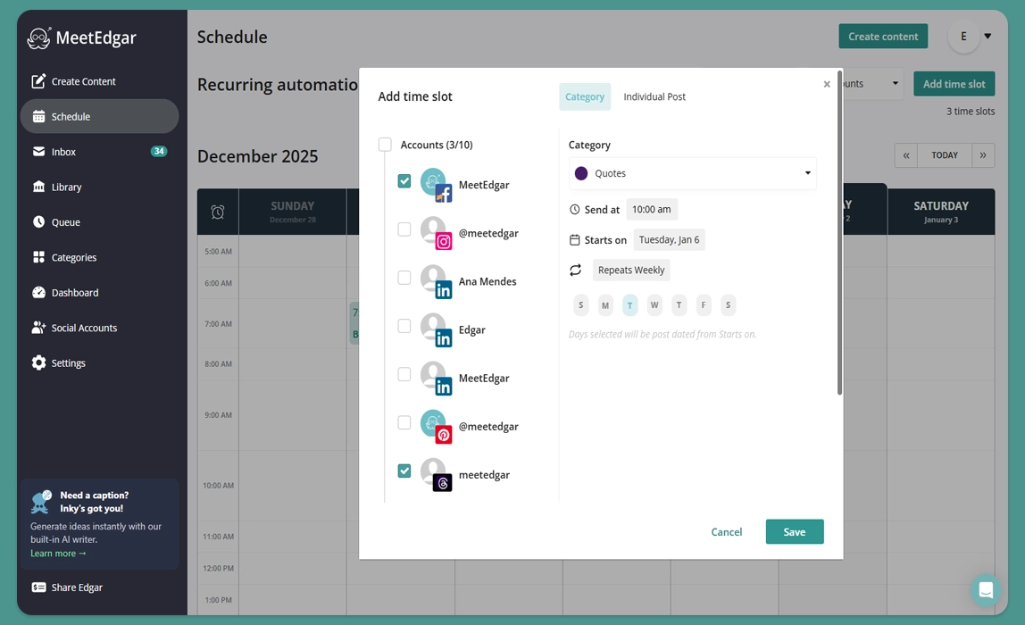 MeetEdgar app platform showing how to select time-slots to bulk schedule social media posts