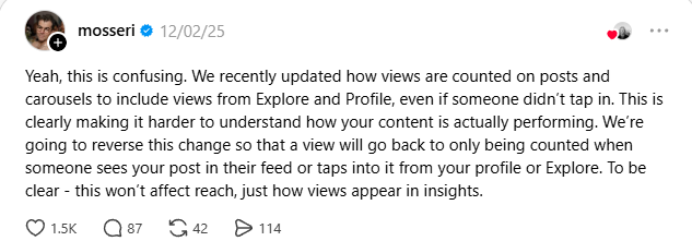 Instagram Chief explains the Instagram view count changes in a post on Threads.